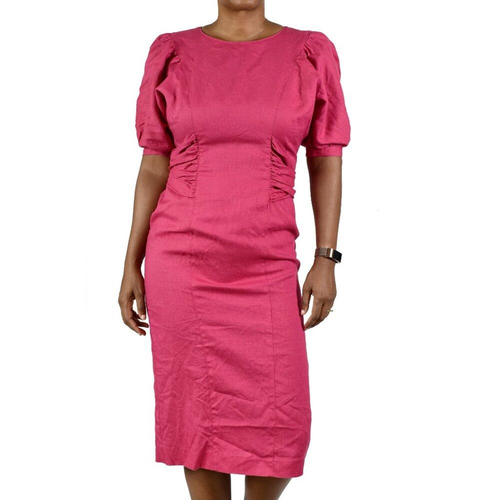 Vintage Ciro Pink Linen Dress Puff Sleeve Back Buttons Architectural 90s XS 2 - Picture 12 of 15